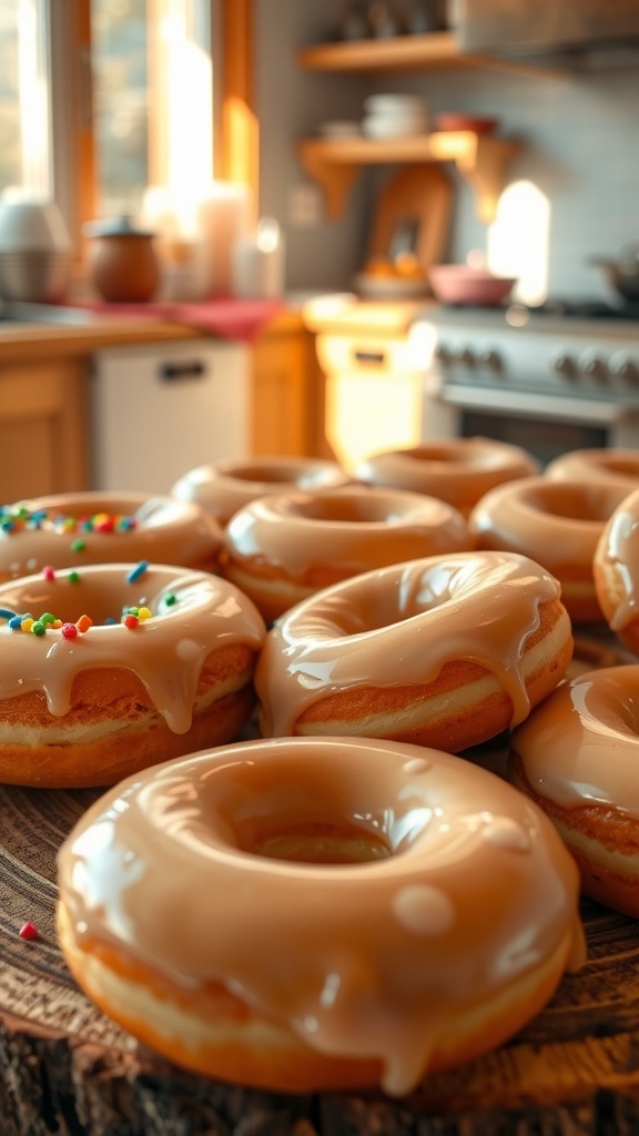 Freshly glazed donuts on a wooden platter, some with colorful toppings, in a cozy kitchen setting.